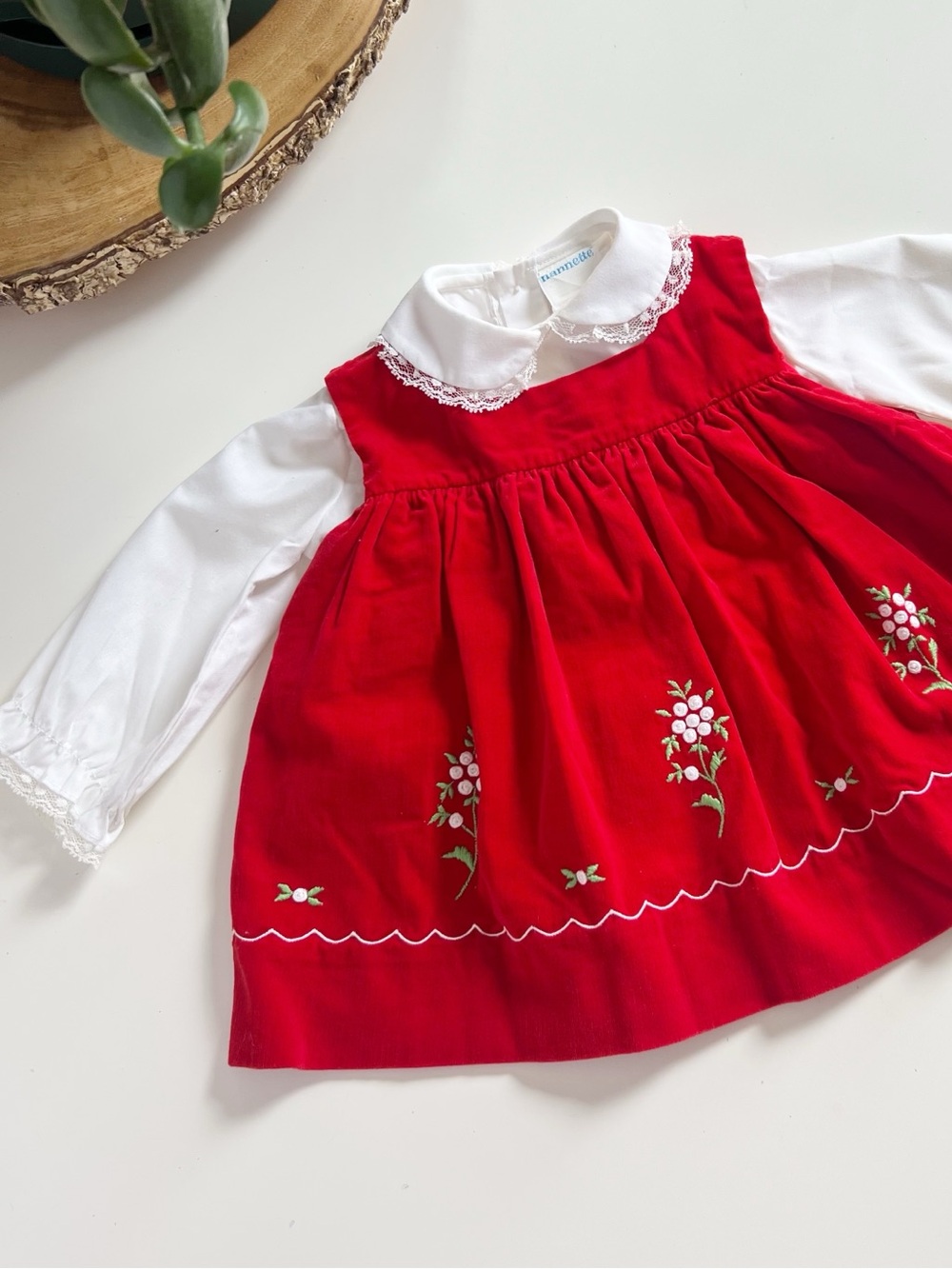 Vintage 2 Piece Nannette Red Velvet Pinafore Flower Embroidered Dress